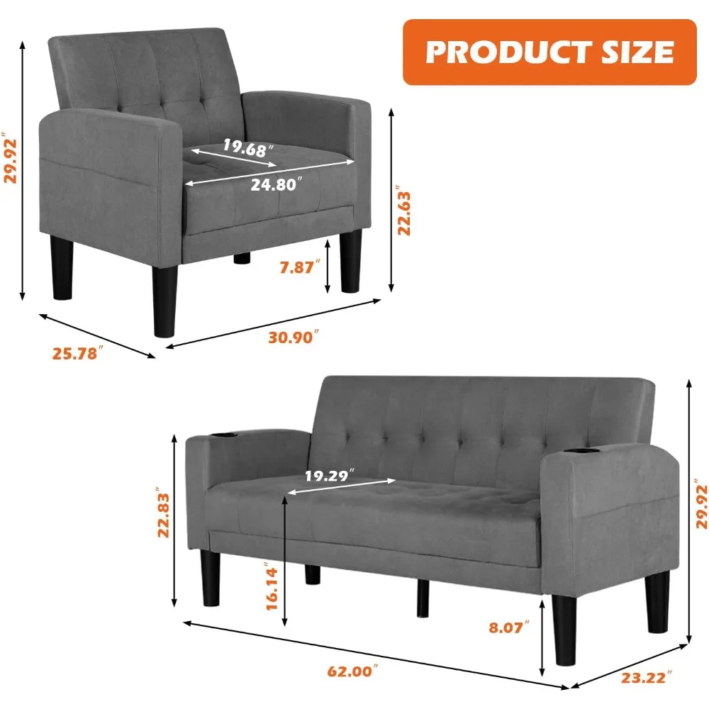 3-Piece Sectional Sofa, 25.59” with 2 USB, Cup Holder, Side Pockets, for Office, Bedroom, Sectional Set