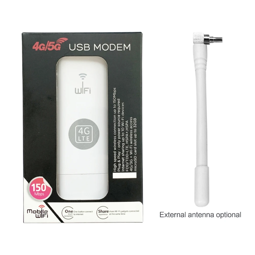 휴대용 4G LTE 무선 라우터, USB 동글, 150Mbps 모뎀 스틱, 나노 SIM 카드, 모바일 와이파이 핫스팟, 안테나 포함