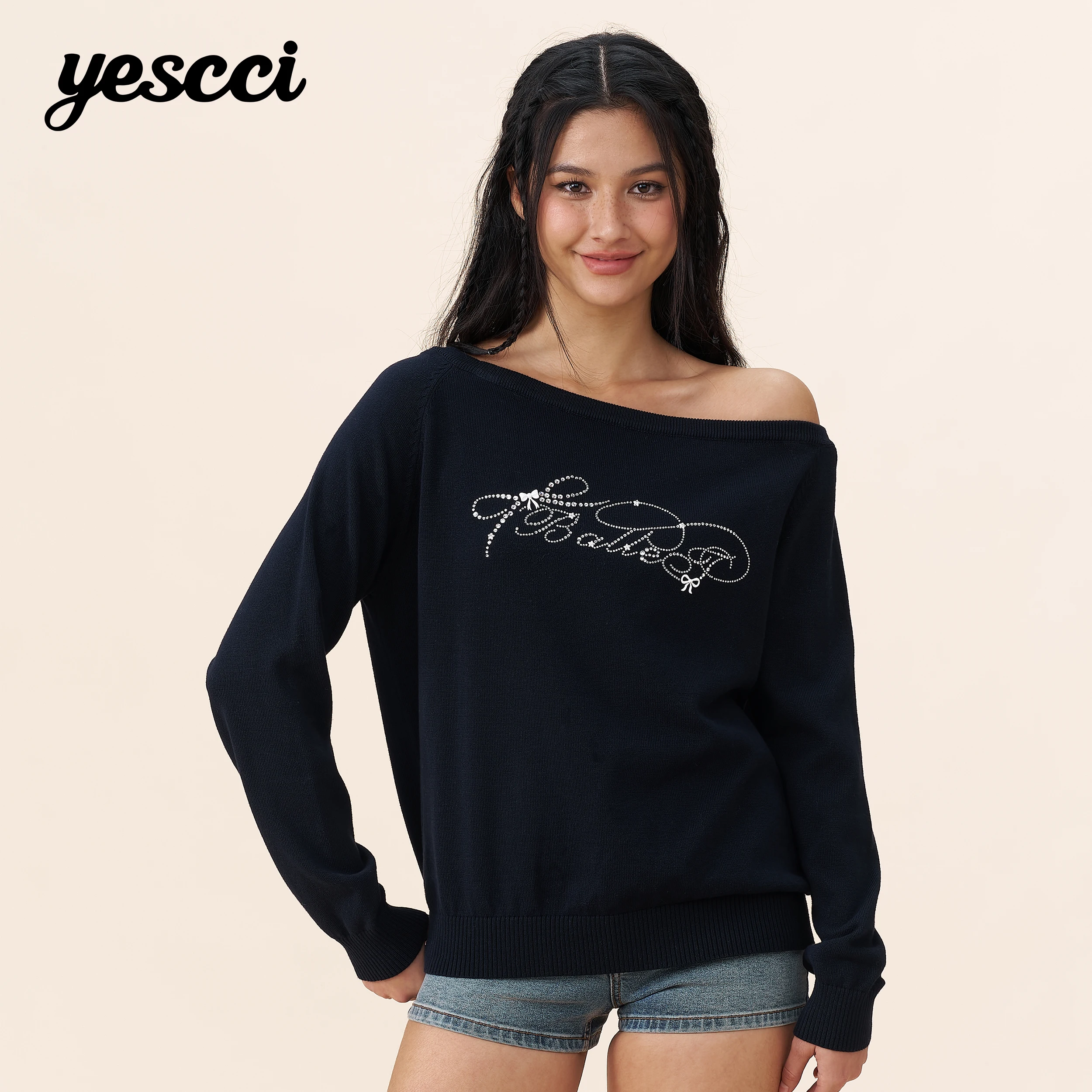 YESCCI Women's Tee Shirt 2026 Autumn New Letter Rhinestone Off Shoulder Tee Loose Casual Long Sleeve Tops For Woman S56130071