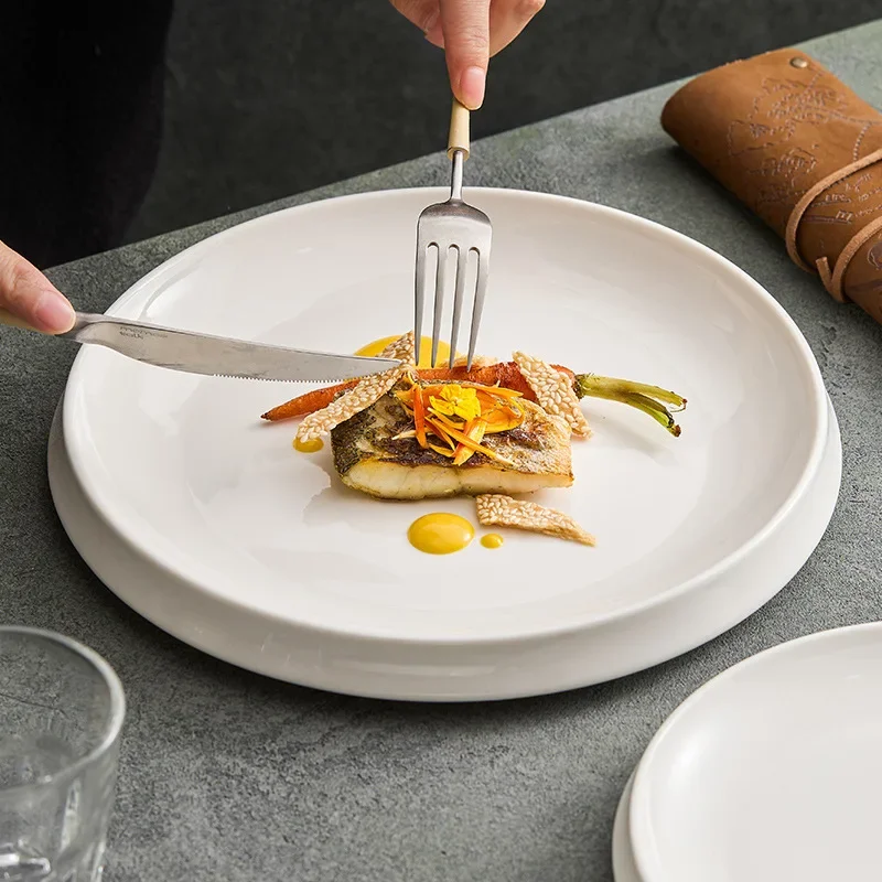 Bevel Volcano Flat Plate Restaurant Beef Steak Western Food Plate Household Large White Ceramic Tableware High-grade Round Dish