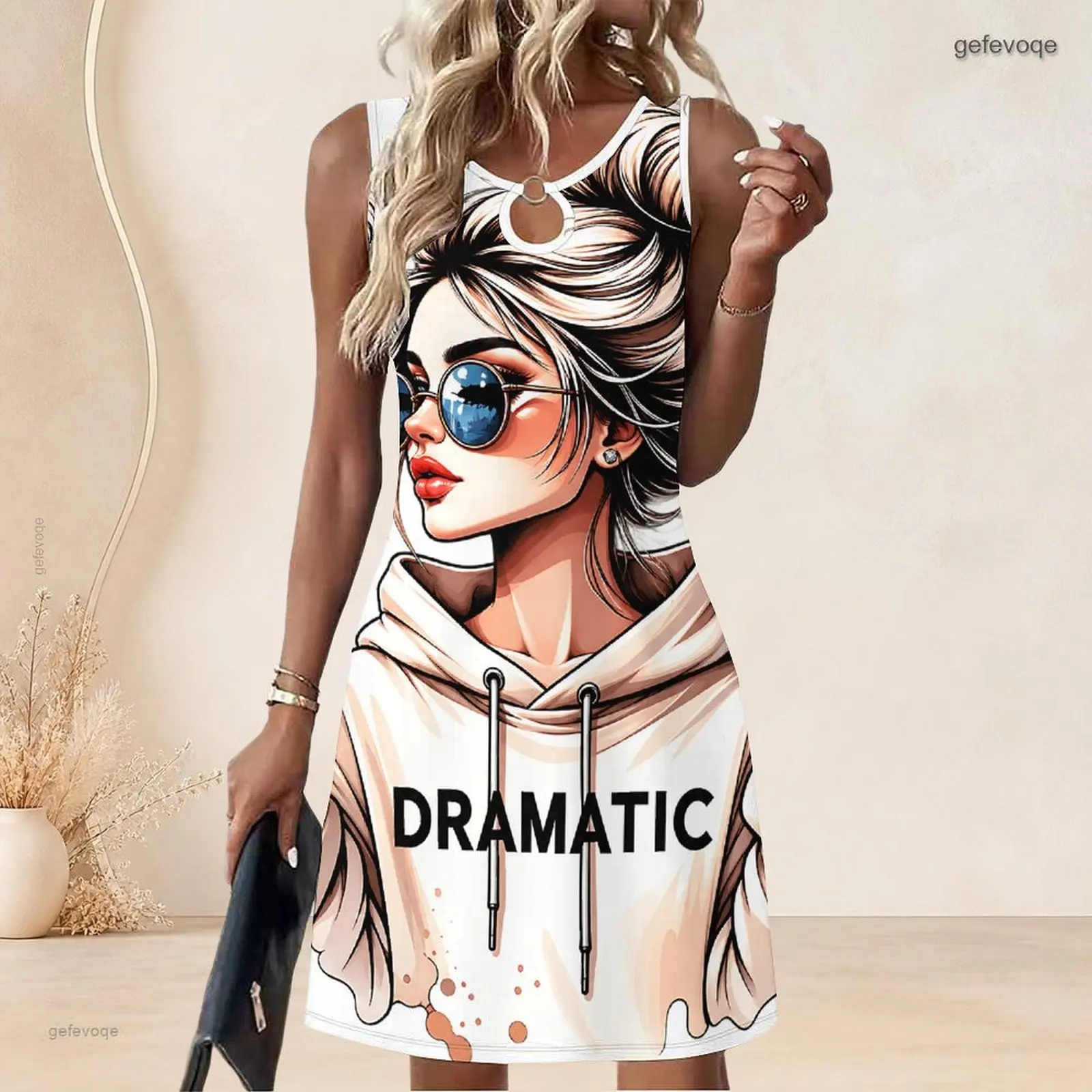 Women Sleeveless A Line Mini Dress O Ring Keyhole Neckline Loose Swing Short Dress Custom Print Ladies Casual Daily Dress