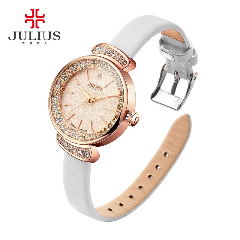 Rhinestones Julius Lady Women's Watch Japan Quartz Fashion Hours Bracelet Real Leather Girl's Gift Box