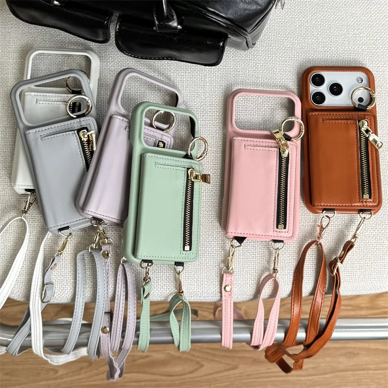 

Fashion Leather Card Bag Phone Case For iPhone 17 Pro 15 14 16 Pro Max Cover with Crossbody Strap Lanyard Cute Protective Cases