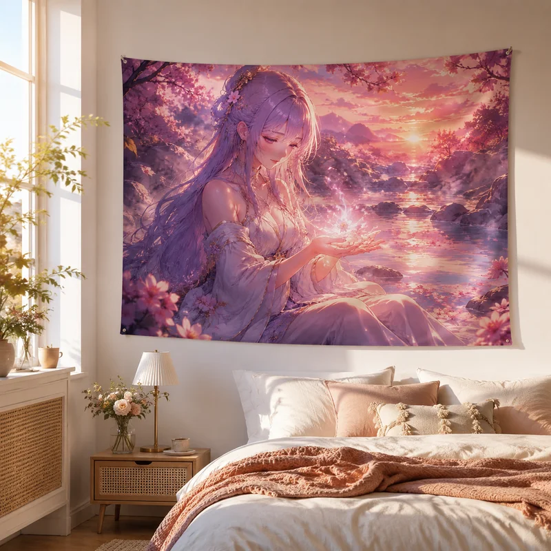 VIKAMA Pink-Haired Flower Fairy Anime Tapestry, Anime Fairy Wall Hanging, Anime-Style Bedroom Decorative Wall Hanging