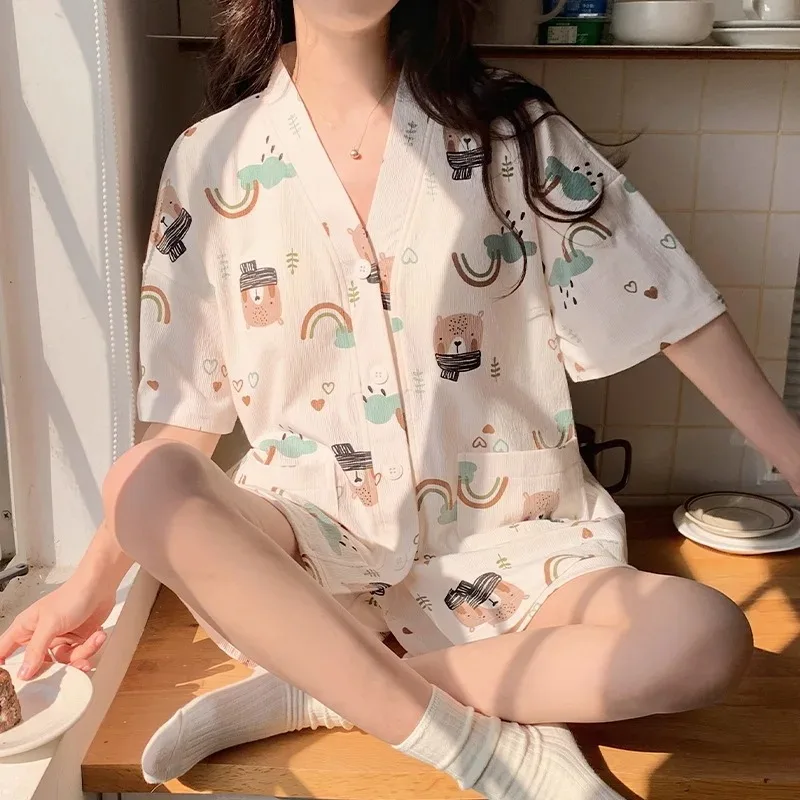 Plus Size M-2XL Cotton pajamas set For Women Summer Kimono Pijamas Set Cartoon Printed Nightwear V Neck Home Clothes Mujer Pyjam