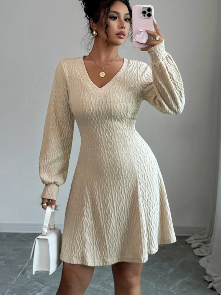 

Autumn Women's Dresses Long Sleeve V Neck Elegant Office Dress For Women New Winter Fashion Solid Color Slim A Line Dress Female