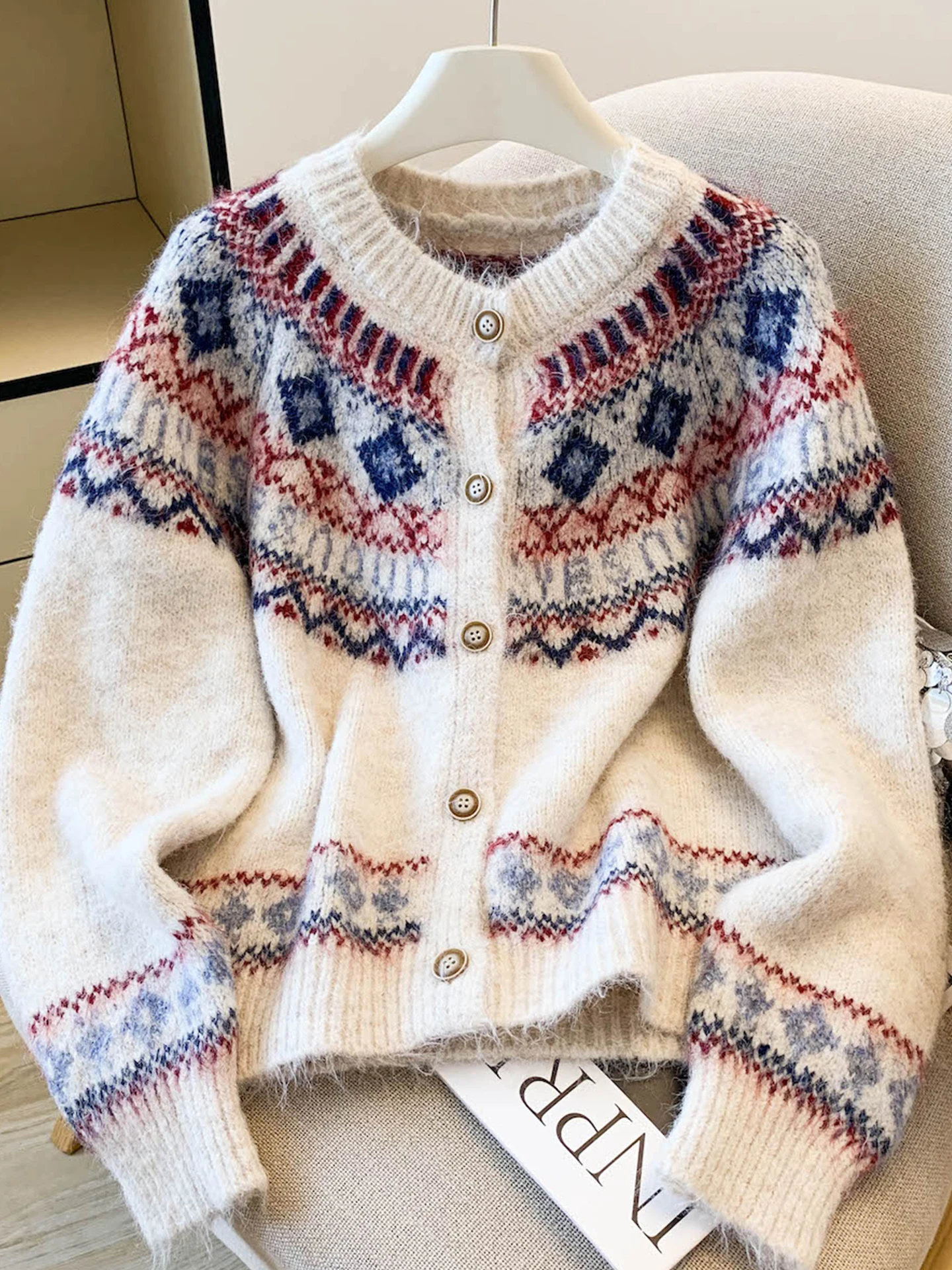 

Ретро осенне-зимний свободный вязаный кардиган абрикосового цвета с круглым вырезом для женщин