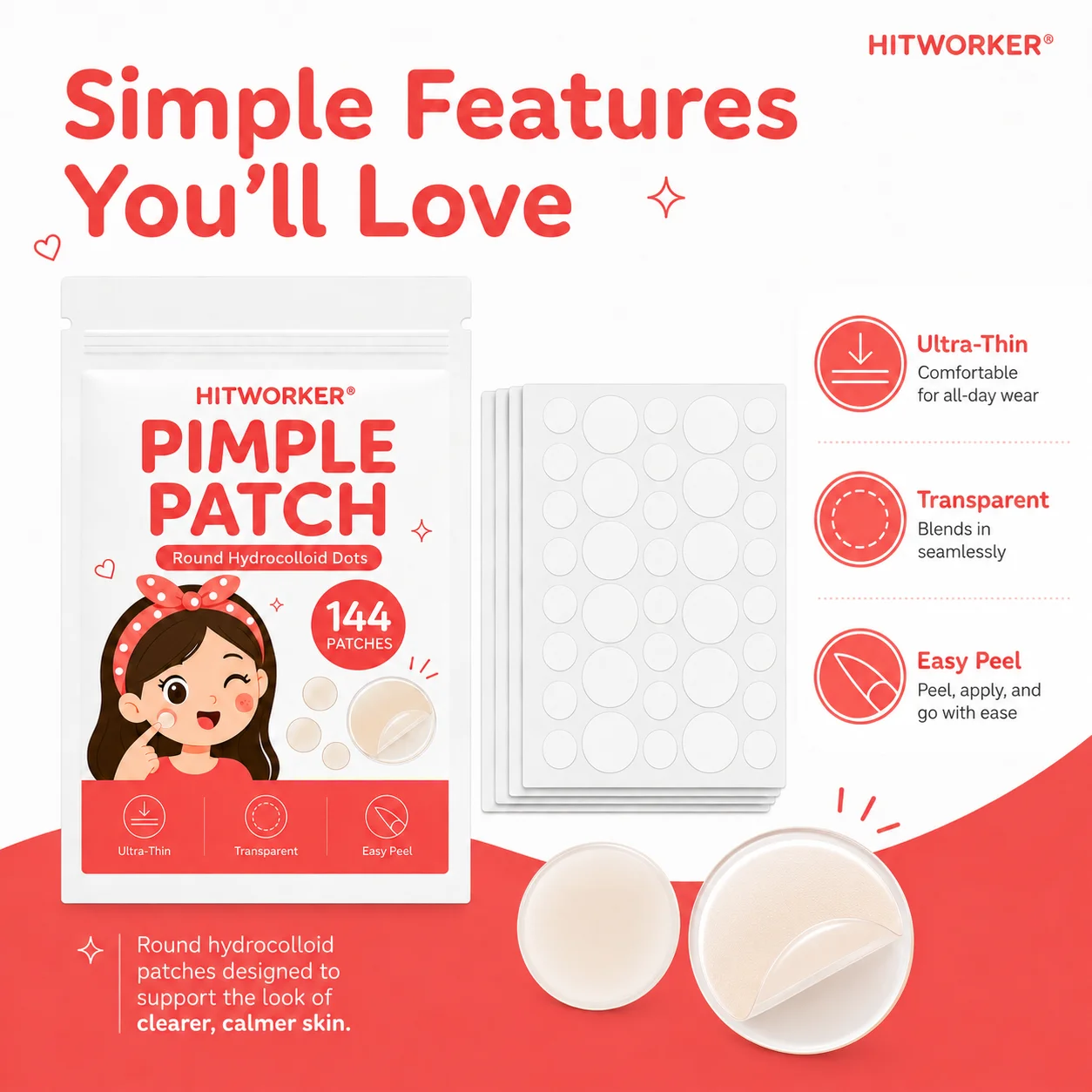 144PCS Round Pimple Patch Clear Look Day Night Blemish Cover Patches Easy Peel for Daily Beauty Care