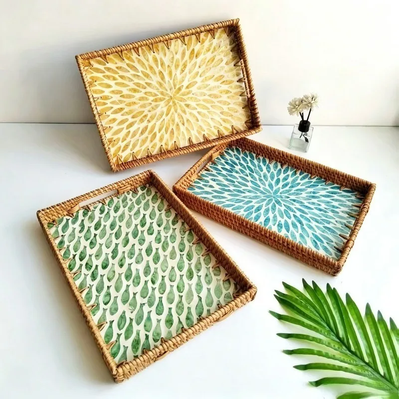 Rattan Shell Storage Tray Vietnamese Handicraft Weave Trays Rectangular Fruit Snack Storage Plates Living Room Decorative Tray