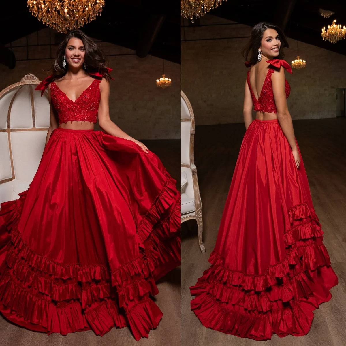 Vintage Red Prom Dresses for Women V Neck Two Pieces Evening Dress  Ruffled Tiere Robes de Soriee for Party  Customized