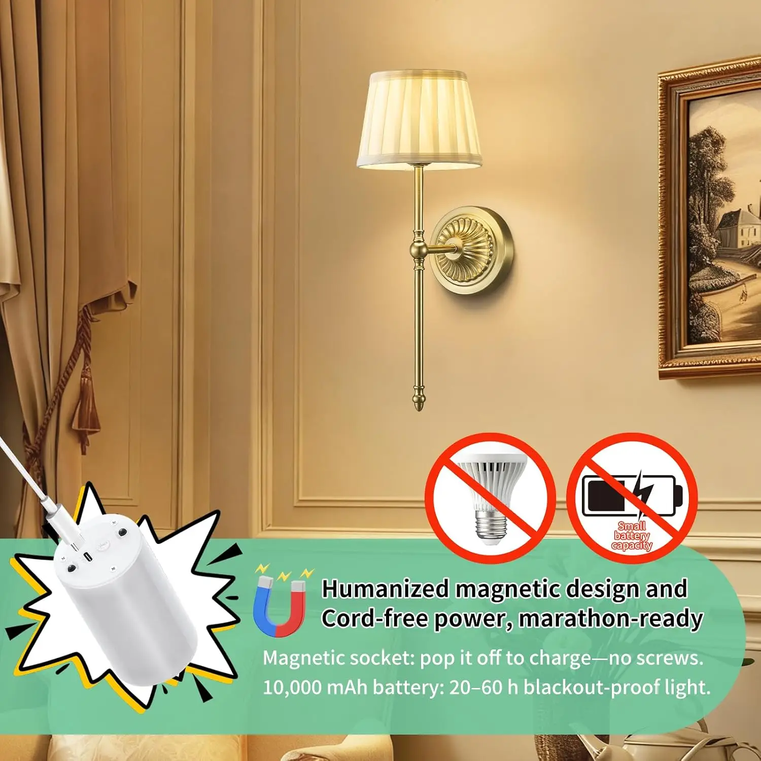 Wireless wall lamps (2 Pack), with a dual-lamp design, featuring remote control, timer function and dimming function, suitable for bedrooms, living rooms and corridors (Gold).