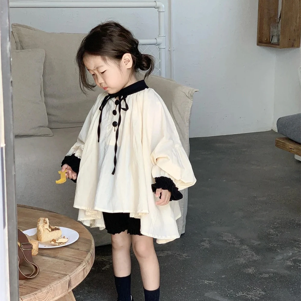 

Children's Hepburn Doll Shirt 2023 Spring New Contrast Color Girl's Bow Shirt Korea Girl's Princess Blouse Or Bud Shorts