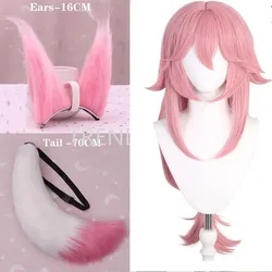 Yae Miko Plush Tail Ear Wig Pink Fox Handmade Cosplay Props Pink Fox Ears Tail Wig