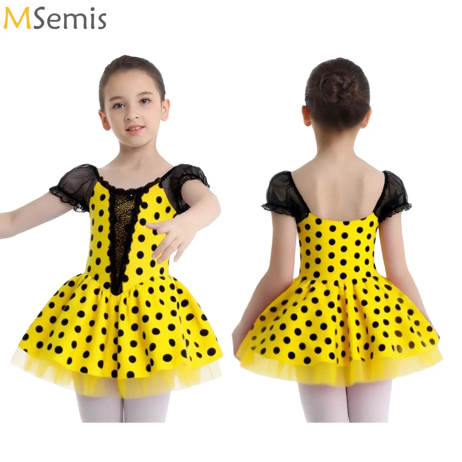 

Yellow Ballet Dance Tutu Leotard Kids Girls Dancewear Costume Short Puff Sleeves Tulle Skirt Ballerina Fairy Party Costumes