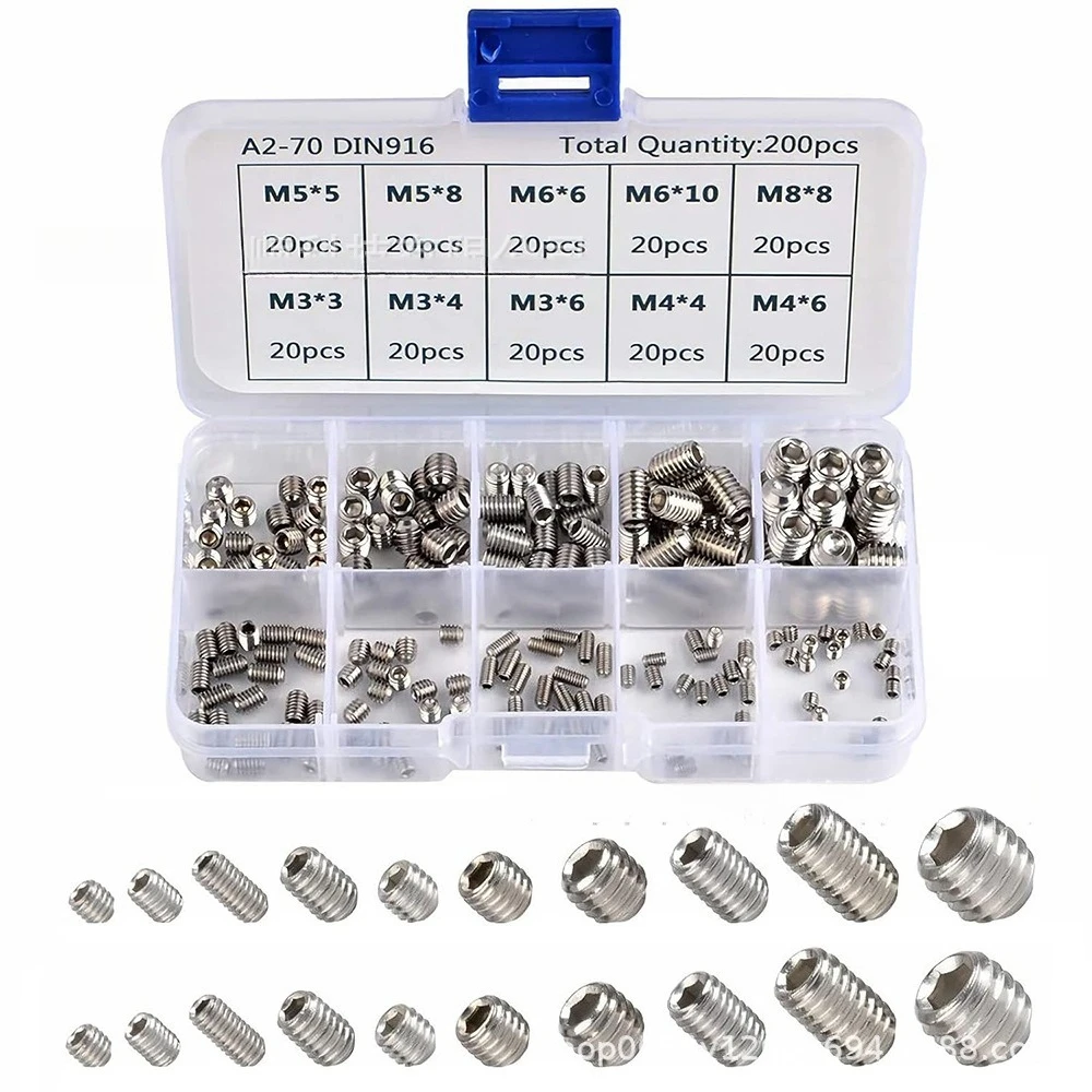 

200Pcs 304 Stainless Steel Hex Socket Set Screw Flat End Grub Screw Assortment