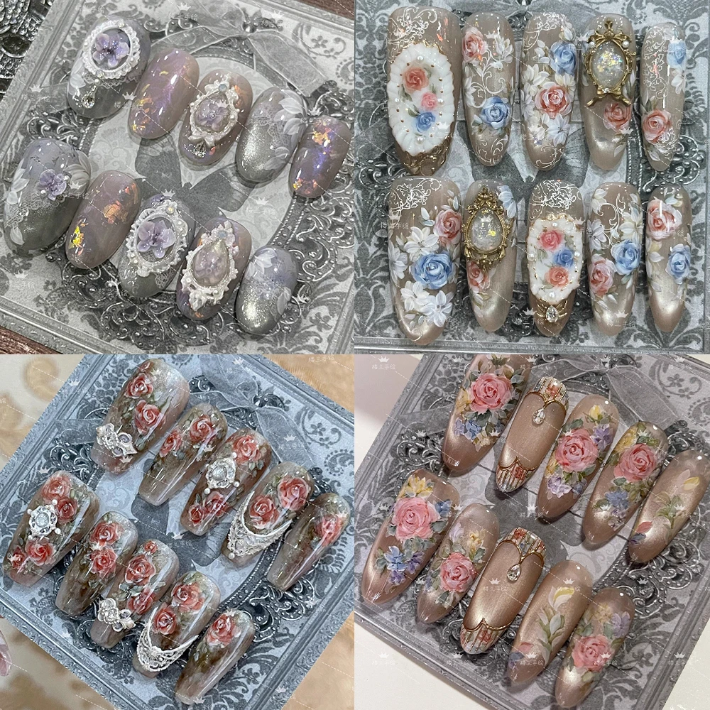 جودة عالية خمر المحكمة اليدوية طويلة القطع الناقص اضغط على مسمار رسمت باليد الزهور فراشة القط العين اللؤلؤ حجر الراين الأظافر وهمية #1