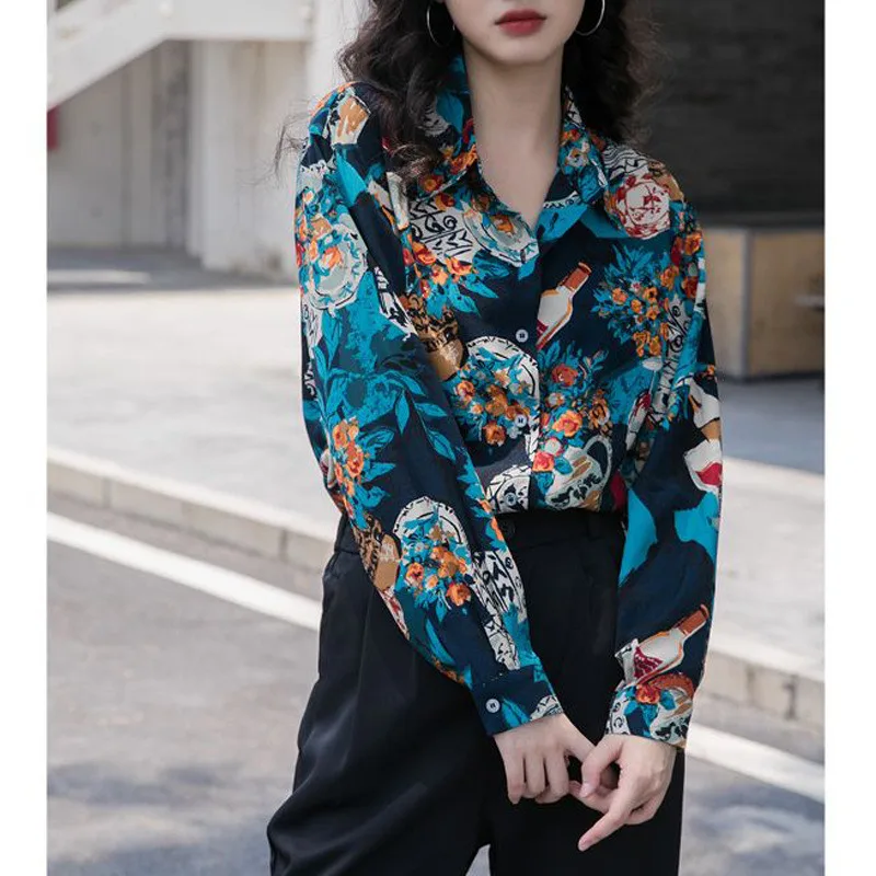 Y2K Harajuku Vintage Print Chic Streetwear Casual Loose Button Up Shirt 2023 Spring Autumn Fashion Long Sleeve Top Blouse Blusas