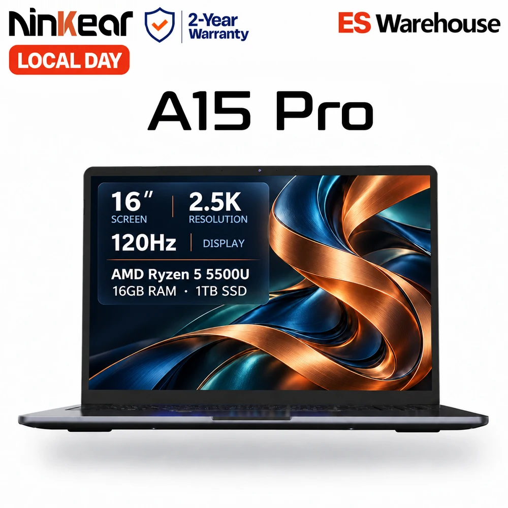 Ninkear A15 Pro Laptop AMD Ryzen 5 5500U 16 Pollici Display IPS 2.5K 120Hz 16GB RAM 1TB SSD impronta digitale Windows 11 WiFi 6 ricarica rapida USB-C PD 65W per lavoro studio