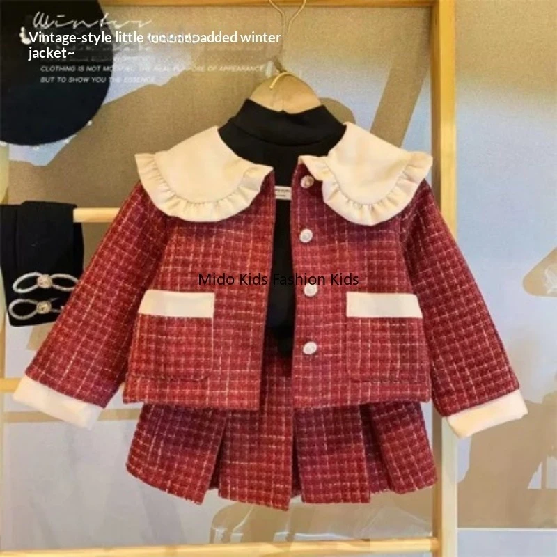 

Winter Collection New Year's Outfit Girls: Sweet Tartan Puff Collar Coat Pleated Skirt Two-Piece Set Red 90-140cm