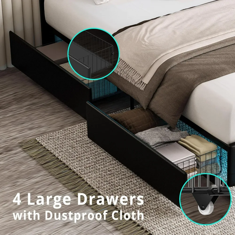 Full Size Bed Frame with LED Light, 4 Drawers, Adjustable Crystal Button Tufted Headboard, PU Leather Platform Bed Frame