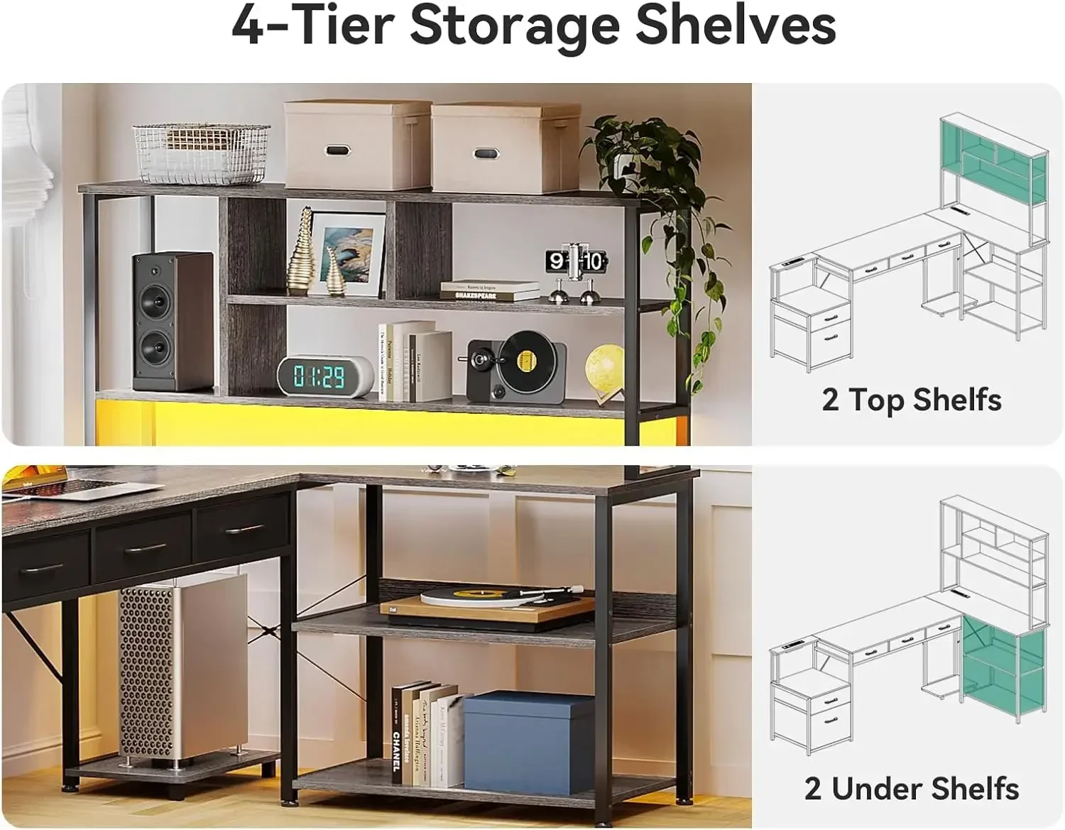 79 inch L Shaped Desk with File Drawers, Reversible L Shaped Gaming Desk with Power Outlets & LED Lights, Computer Desk