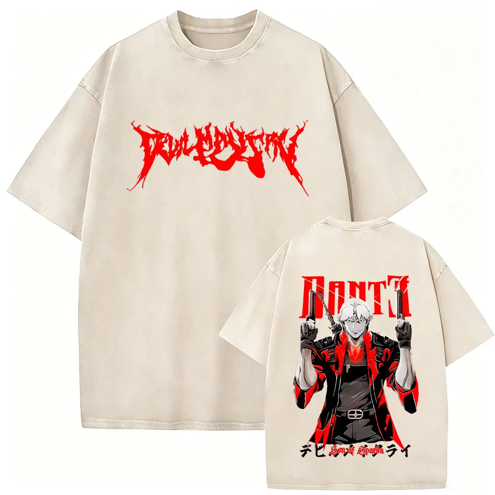 Game Devil May Cry Dante Vintage Acid Washed T-shirt Men Gothic Retro Oversized Short Sleeve T Shirts Male Hip Hop Streetwear