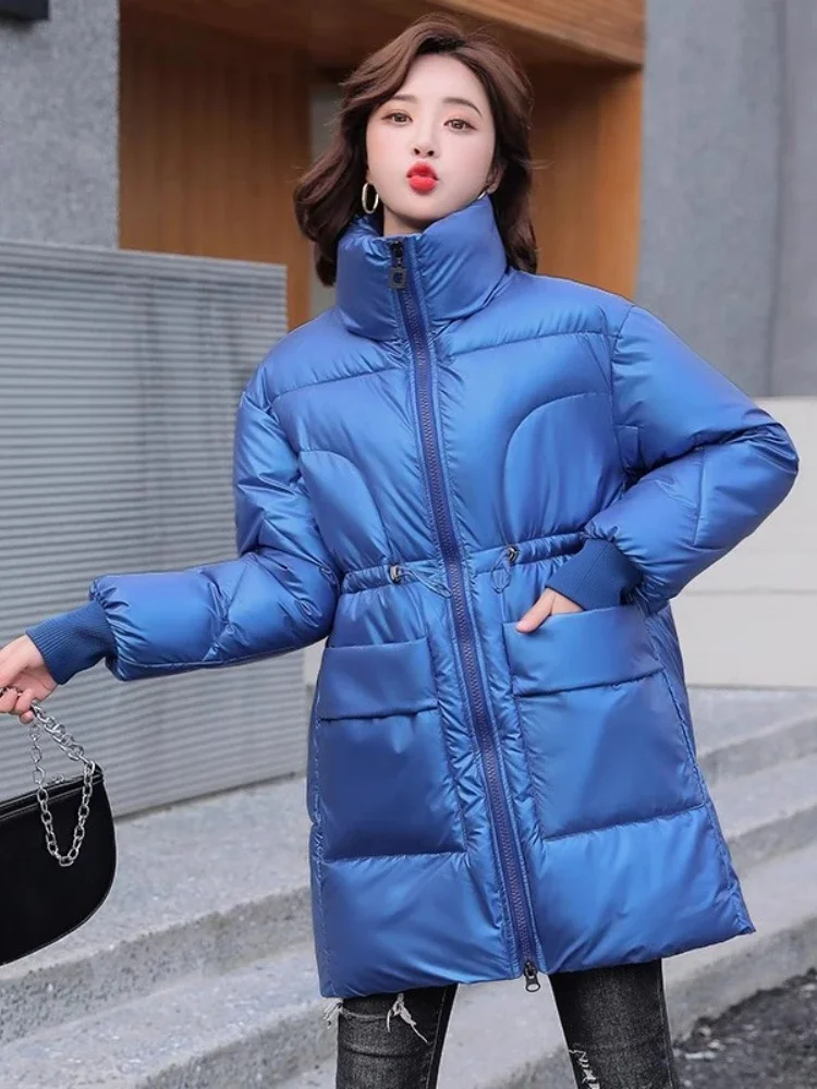 Thicken Cotton Jacket Women Winter Clothes Korean Loose Large Size Mid-Length Parker Fashion Y2k Shiny Down Cotton Jacket Female