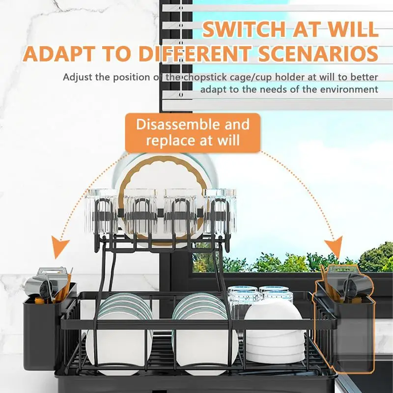 Stendino per piatti Stendino per piatti multifunzionale a 2 livelli e vassoio di drenaggio Colino per piatti con vassoio per scolapiatti Portabicchieri e utensili