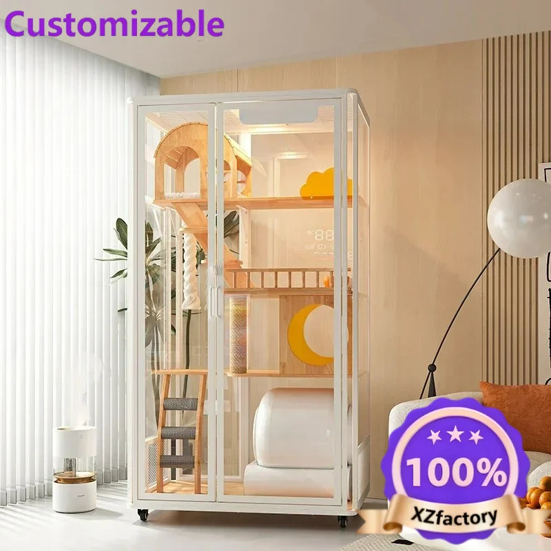 Factory Direct 2026 Solid wood luxury can be integrated with a smart cat toilet, and the cat cage has a large space and a panora