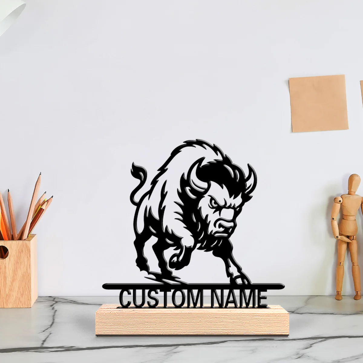 1 pièce - Statue en métal minimaliste de lion avec texte personnalisable, artisanat d'art avec base en bois, sculpture en étain pour la décoration de bureau ou de chambre.