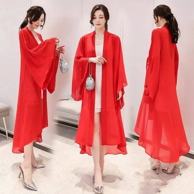 2024 Women Summer Long Sleeve Cardigan Beach Long Shawl Korean Fashion Black Chiffon Jacket Long Cardigan Oversized Coat A219