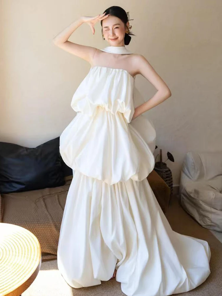 

Романтическое утреннее свадебное платье, длинное вечернее платье, белое бальное платье без бретелек для невесты, с завышенной талией, корейский стиль, полиэстер.