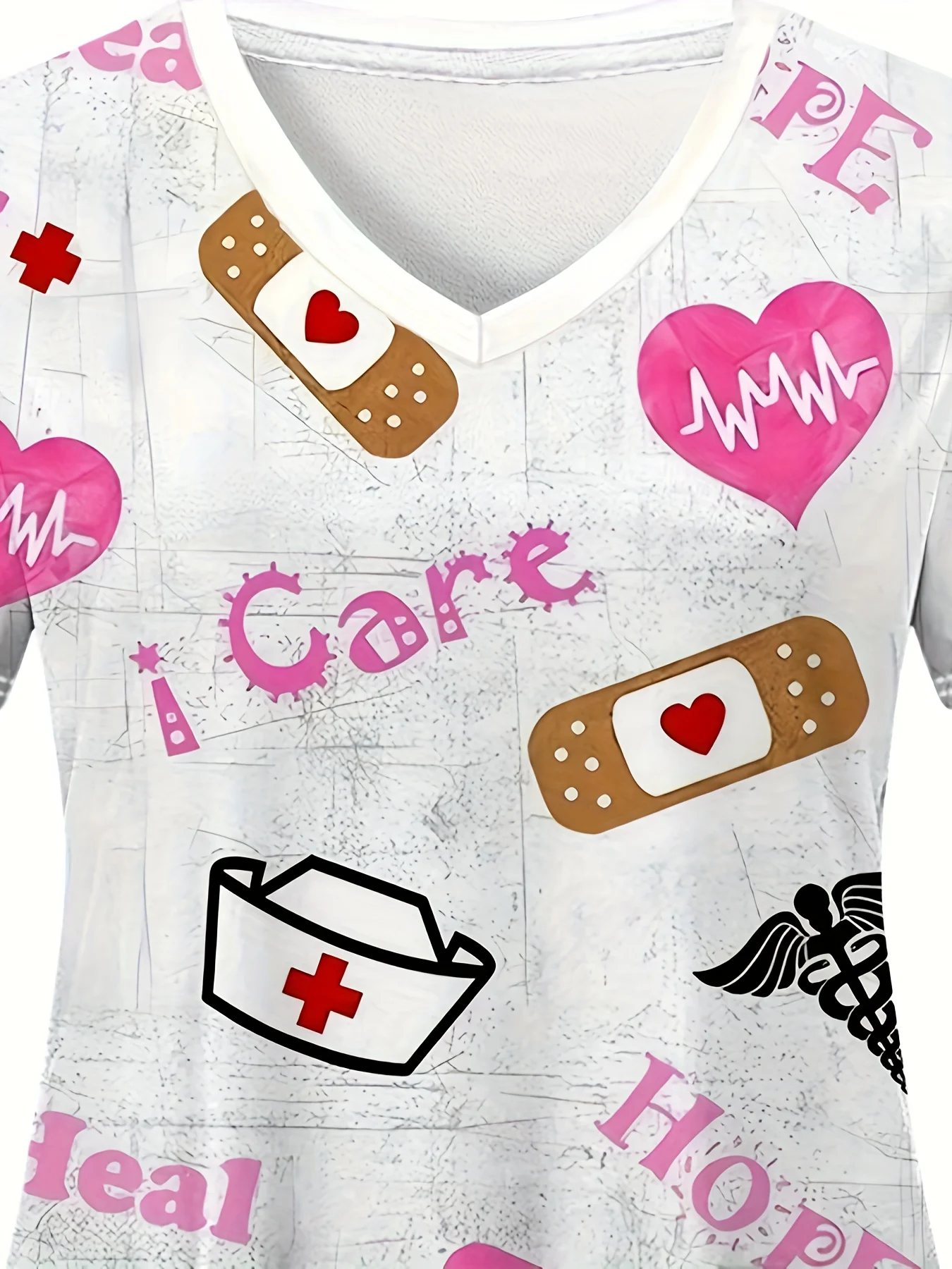 Haut extensible à manches courtes et col en v, imprimé mignon, uniforme de santé d'infirmière confortable et pratique, haut d'uniforme féminin à la mode