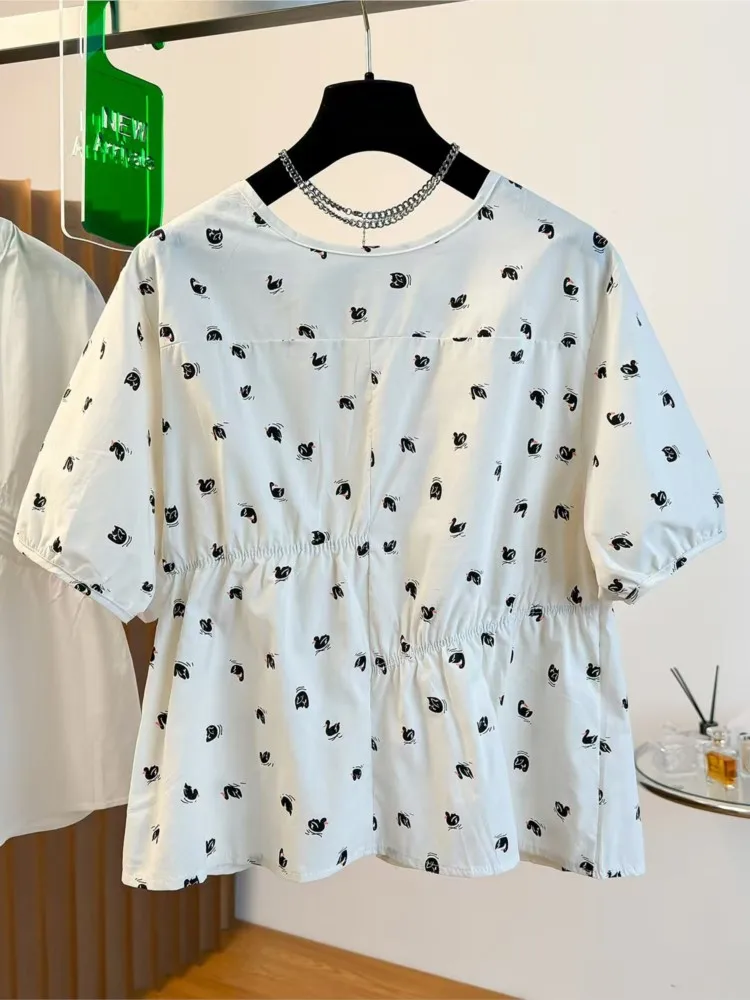 Summer Large French Style High-end Doll Shirt Women Short Sleeved Woman Shirt  In Covering The Belly Stylish Floral Ladies Tops