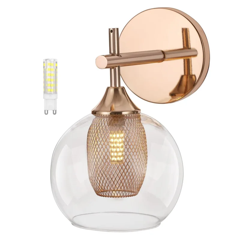 Lampada da parete di lusso paralume in vetro sferico in stile europeo lampada da parete a doppio strato lampada da parete con testa in metallo oro rosa G9 camera da letto
