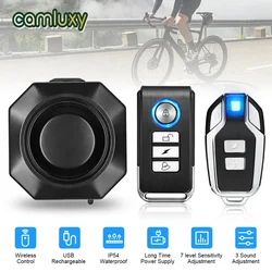 Camluxy sem fio carregamento usb à prova dwaterproof água alarme de bicicleta controle remoto detector vibração alarme da motocicleta alarme contra roubo