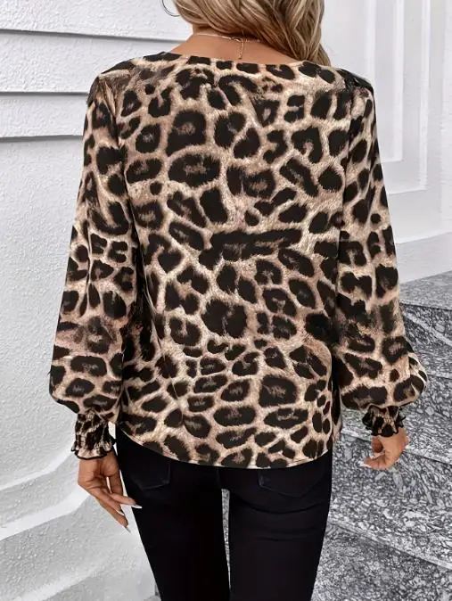 

Popular V-Neck Leopard Print Loose Long Sleeved Casual Shirt, Chiffon Top, Women's Clothing