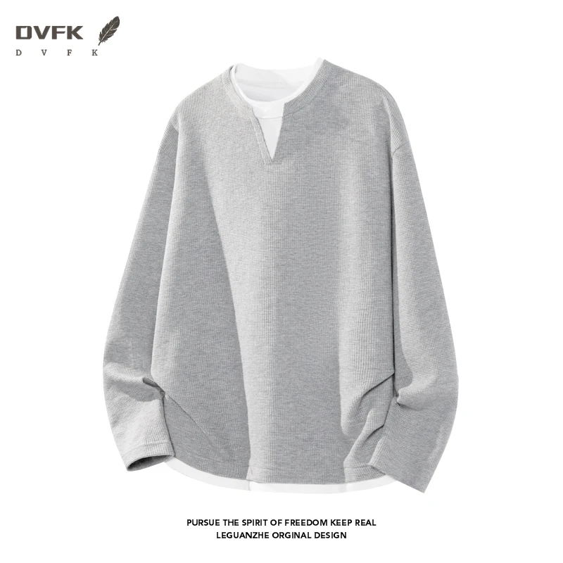 Men Fake Two Piece Long Sleeve Shirt Notch V Neck Waffle Knit Loose Fit Casual Daily Basic Top