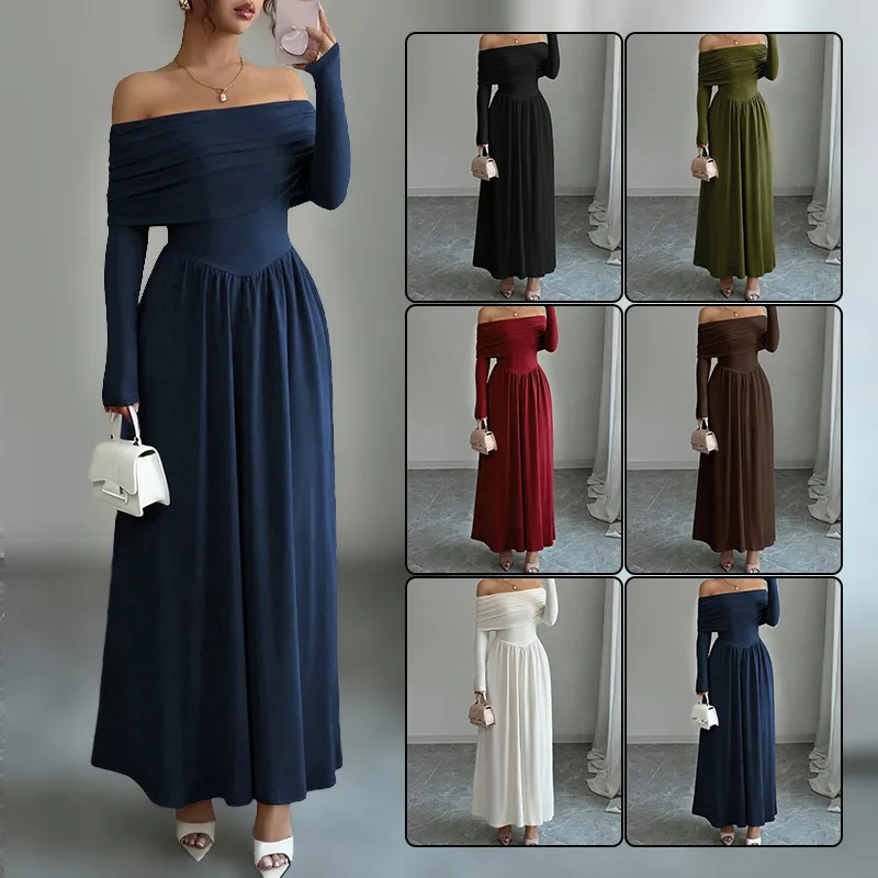 

2026 New Women's Slash Neck Long Sleeve Maxi Dress Solid Color High Waist A-line Evening Dress Casual Streetwear