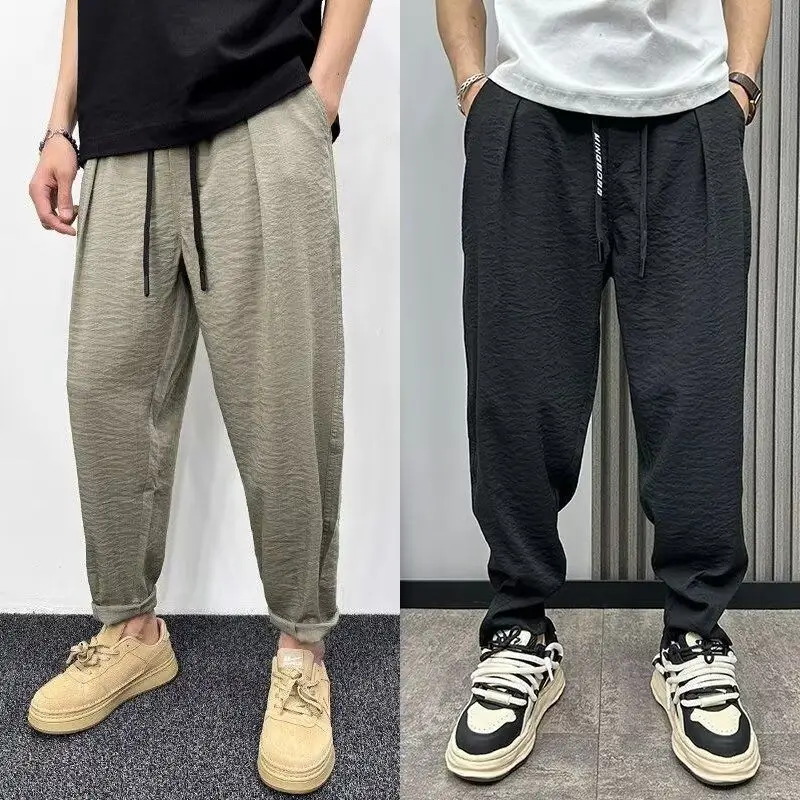 Ice Silk Linen Men's Casual Pants Loose Straight Leg Cool Wide Leg Cotton Linen Feel Sli Drapey Youthful Busin Casual