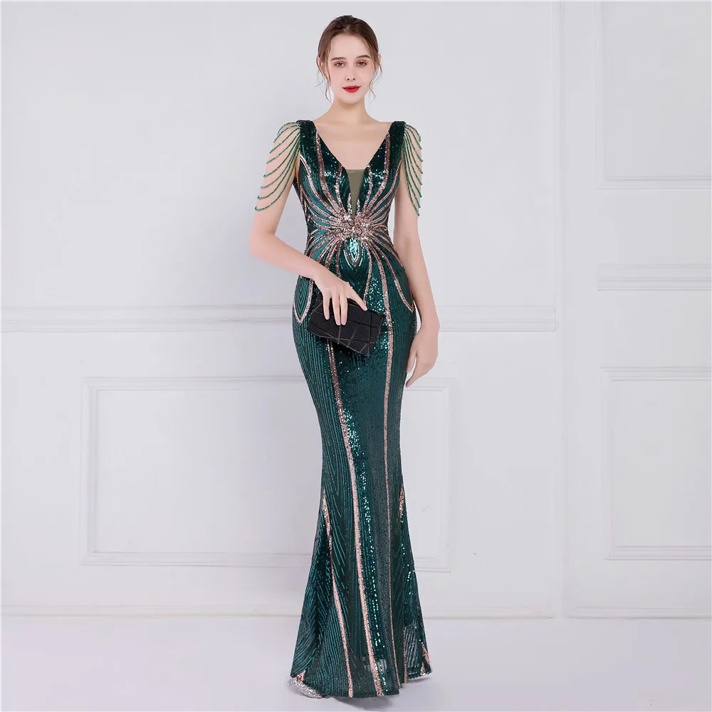 DEERVEADO Green Sequin Long Evening Dress 2024 Luxury Beading Formal Dress Women Elegant Evening Gown Chic Woman Maxi Dress