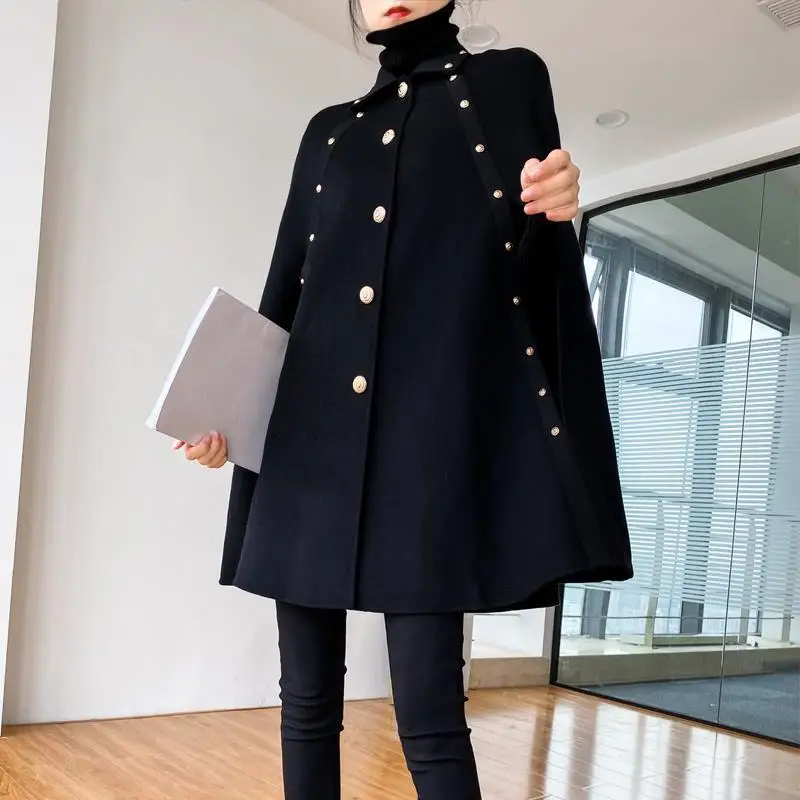 High Quality Black Cape Woolen Shawl Coat Korean Women Autumn Winter Mid-Length Loose Vintage Golden Button Cloak Wool Coat