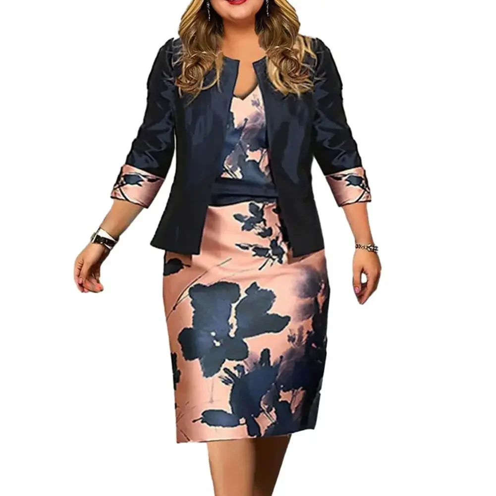 2024 New 2 Pcs/Set Women Coat Dress Suits Set Floral Print Sheath Midi Dress Open Stitch Dress Suit Jacket Women Outfit Set