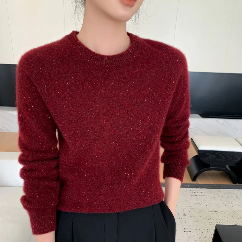 Autumn and Winter New Color Dot Yarn Double Thick 100% Pure Cashmere Sweater Women\'s Crewneck Pullover Loose Bottom Sweater Top