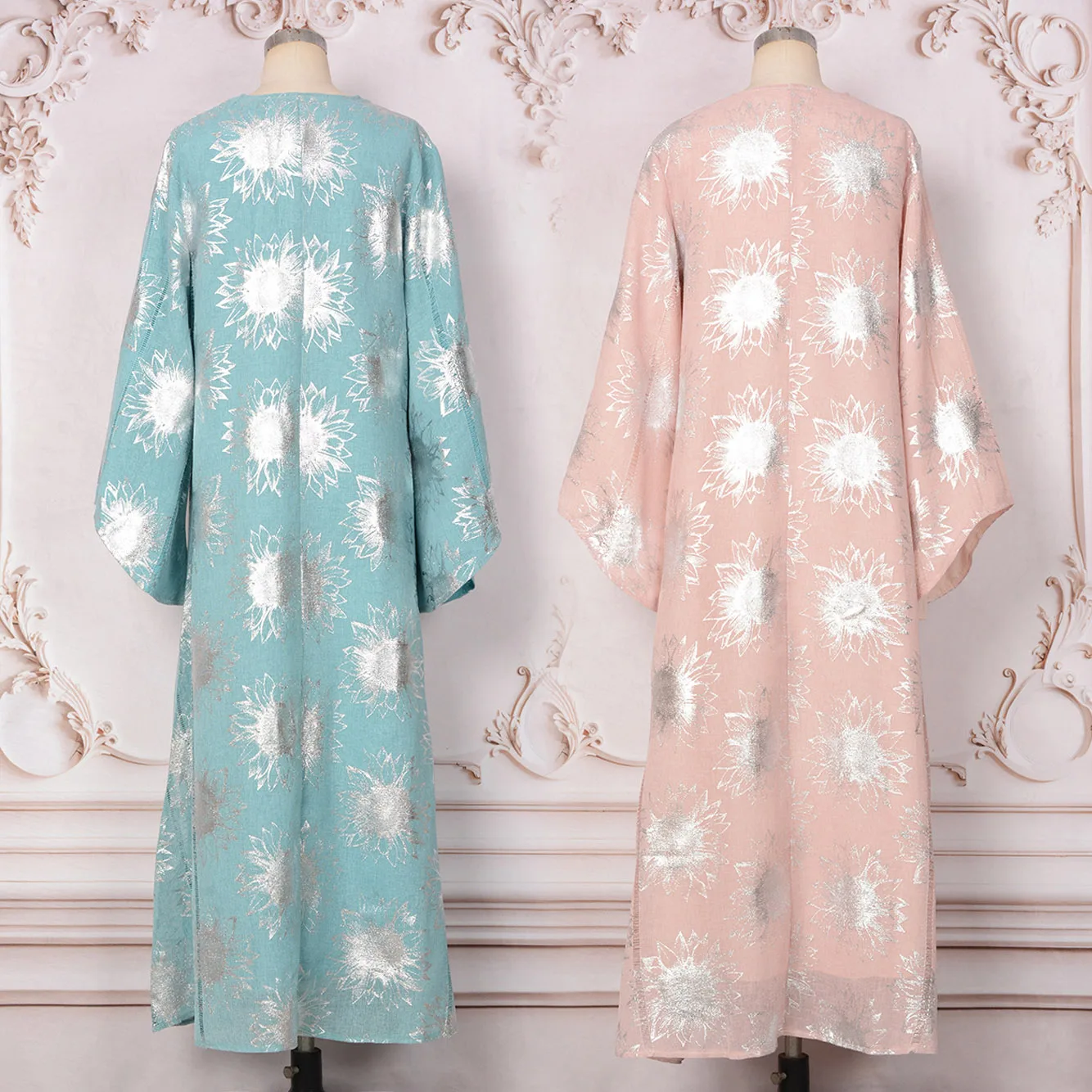 Ramadan Eid Jalabiya Kaftan Long Islamic Party Dress Muslim Abayas-Slim-Fit, Long Flared Sleeves, Floral Foil Print&Embroidery