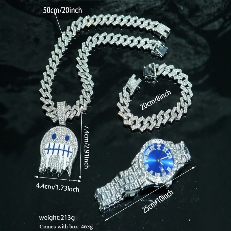 15MM Cuban Link Chain Necklace Set for Men - Trendy Alloy Pendant & Colorful Beaded Bracelet with Watch-Hip Hop Jewelry Gift Box