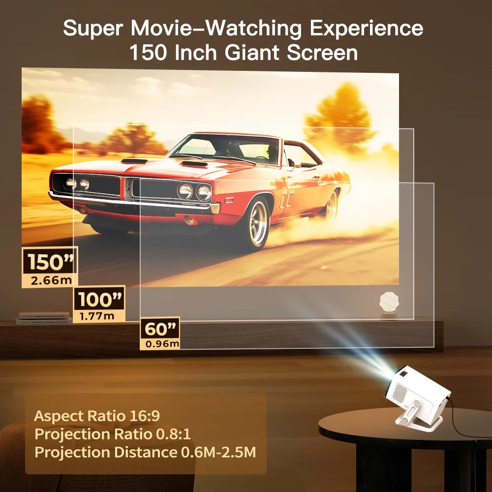 Projetor LynCast Home Theater 4K com Projetor Portátil Wifi6 e BT5.4, Projetor Android 11.0, Auto Keystone, 180 °   Flexível