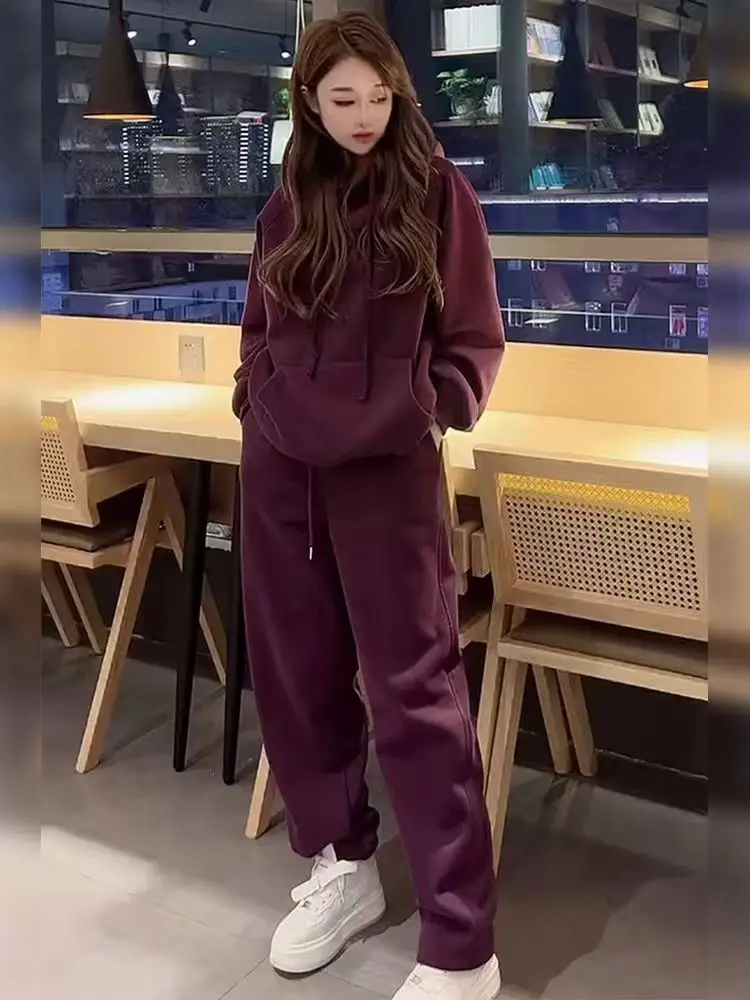 순면 캐주얼 스포츠 세트 여성용 가을 겨울 한국 버전 루즈하고 패셔너블한 여성용 투피스 세트
