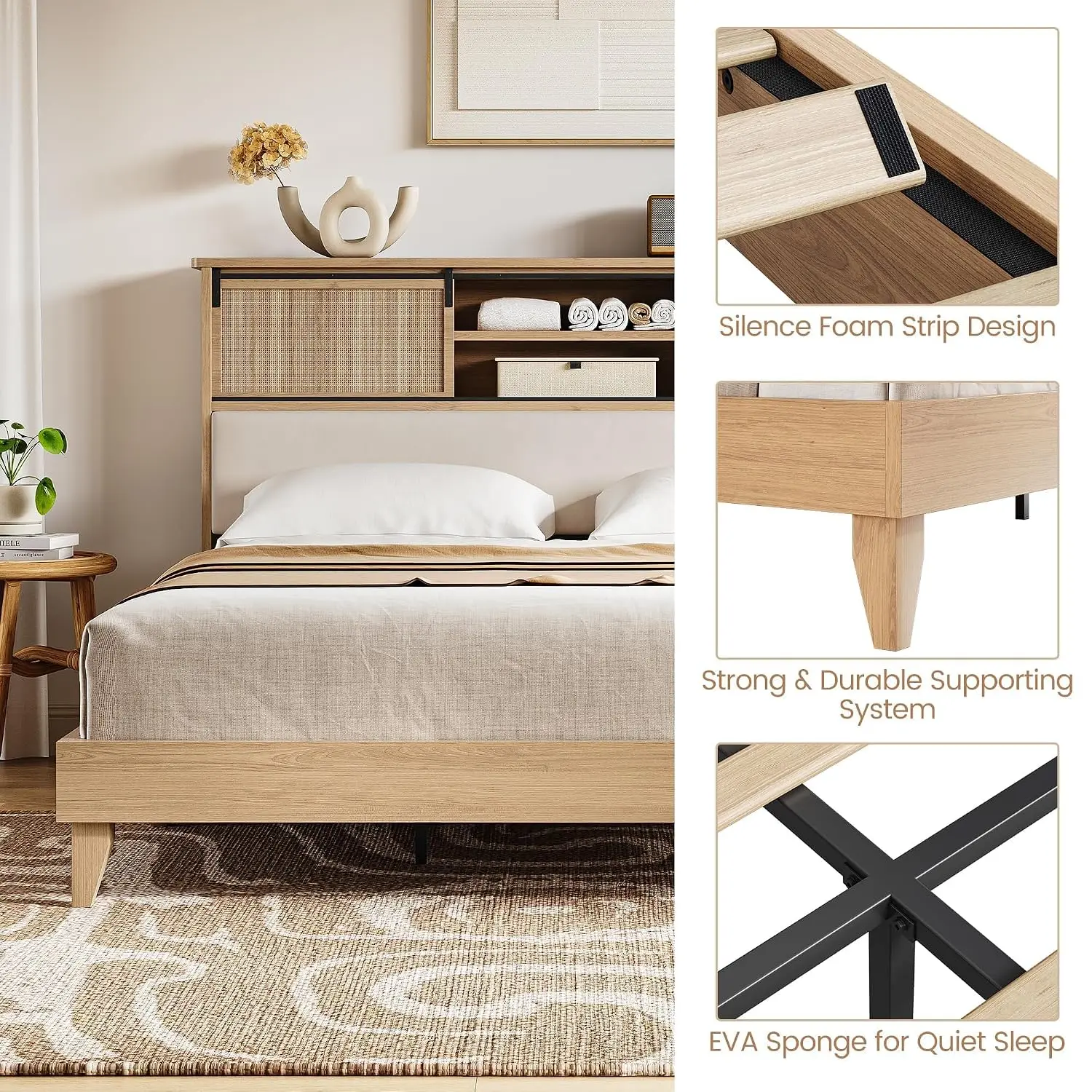 Wood Platform Bed Frame with Storage Headboard, Customized image 5