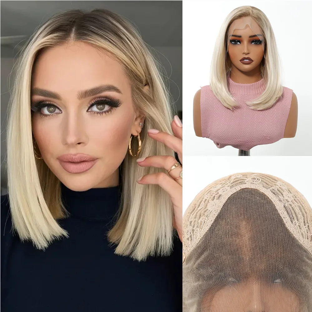 

GEMMA 13*4 Синтетические парики спереди, короткий парик Ombre Blonde Bob для женщин, естественный вид, повседневные вечерние искусственные волосы, термостойкие